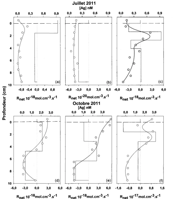 Figure 4.1  : Variations en fonction  de la profondeur dans les  sédiments du bassin  B du lac Tantaré en juillet  et  en  octobre  2011  du  taux  net  de  production  (valeurs  positives)  et  de  consommation  (valeurs  négatives)  d'Ag dissous, en  con