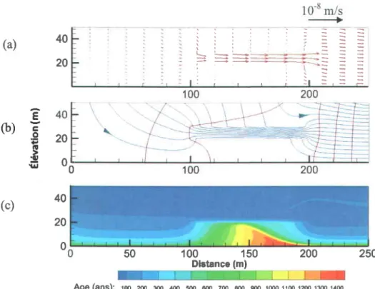 Figure 2.6 R6sultats  de simulation d'0ge pour I'aquifCre B. (a) Vecteurs vitesses.  (b) Lignes d'6coulement  de la zone de recharge  vers la zone d'6mergence  et 6quipotentielles  en rouge