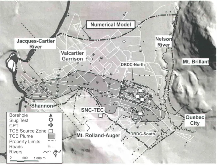 Figure  3.1 Study area and  spatial distribution of  the main  types of  available data (Modified  after Ouellon et al