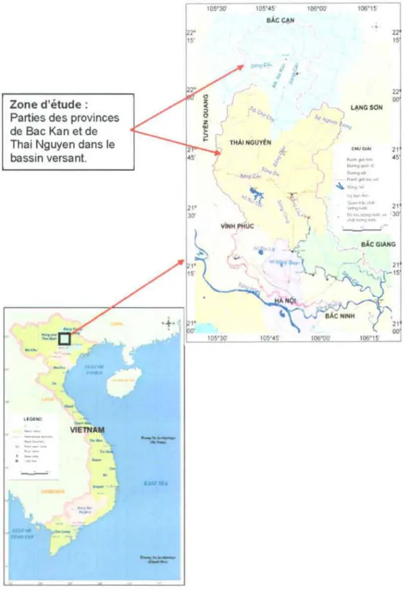 Figure 5.3.1. Carte du  bassin  versant dela rivière Cau et sa locall •• tlon  .ur  une  carte du Vietnam