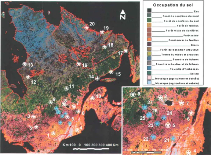 Figure 3-1. Occupation du sol du Qu6bec-Labrador  et localisation des stations m6t6orologiques  et GMON utilis6es dans la validation de I'algorithme de cartographie  du couvert nival