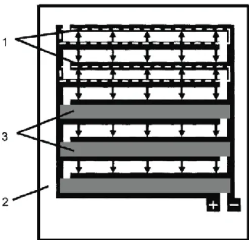 Figure  2-3:  Schéma  de  principe  d’une  antenne  à  structure  interdigitale.  1 :  Électrodes  interdigitales,  2 :  cristal  semi-conducteur  (GaAs  SI),  3 :  couche  isolante  opaque  qui  cache  une  direction du champ électrique de polarisation