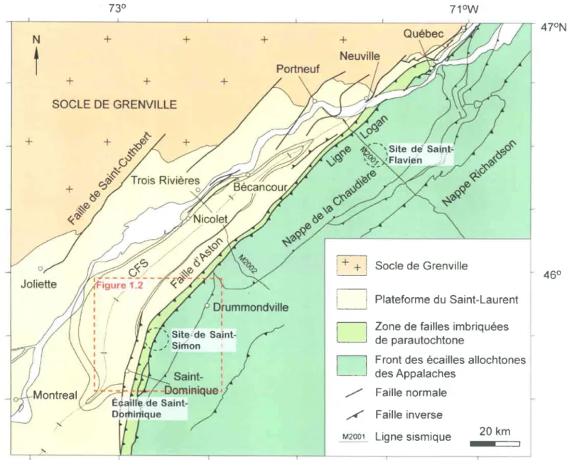 Figure 1.1 Carte  géologique simplifiée du  sud du  Québec, modifiée de Konstantinovskaya &amp;  Malo  (2010)