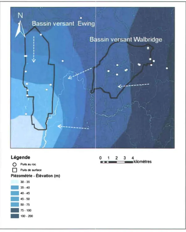 Figure 2.5 Piézométrie préliminaire dans l'aquifère rocheux régional, d'après Carrier et al