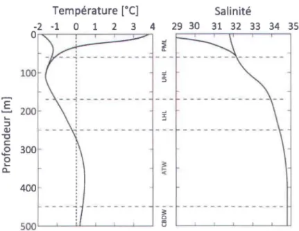 Figure 2.2 - Profils typiques de température (gauche) et de salinité (droite) observés dans la mer de  Beaufort