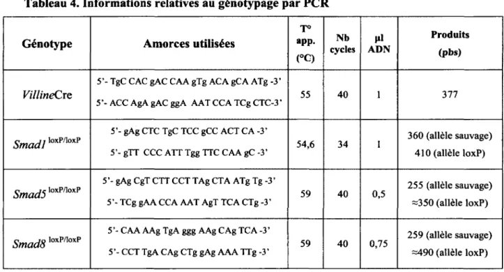 Tableau 4. Informations relatives au génotypage par PCR