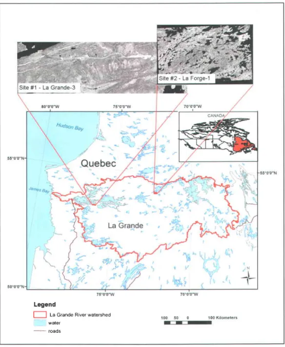 Figure 6.1  Location of the two study sites within the La Grande River watershed in northern Quebec, Canada