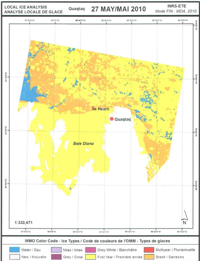 Figure 29 : Carte des conditions de glace de Quaqtaq le 27 mai.2010  (Fonte),  tir6e d'une image RADARSAT-2 en mode fin (50km').