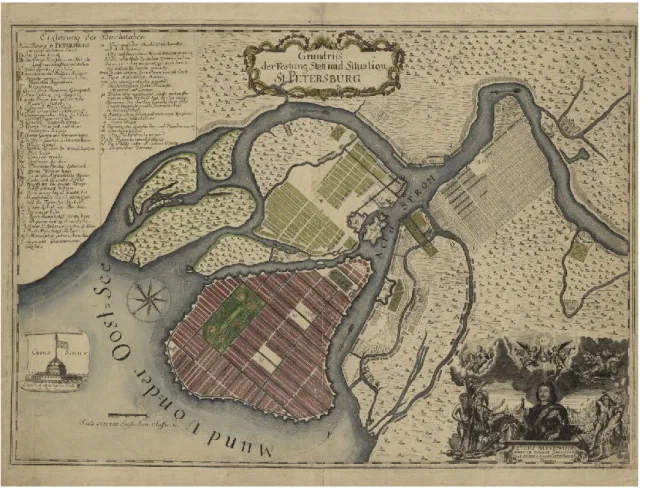 Figure  3.  Georg  Paul  Bush,  « Plan  Peterburga  1721 g.  gravirovki  Paulya  Busha »,  1717-1721,   https://bit.ly/2OodJ3q