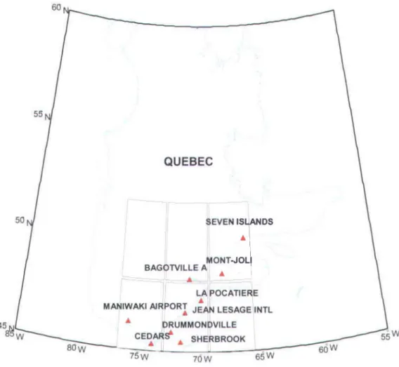 Figure 2. Meteorological stations located around the Gulf of St.  Lawrence. 