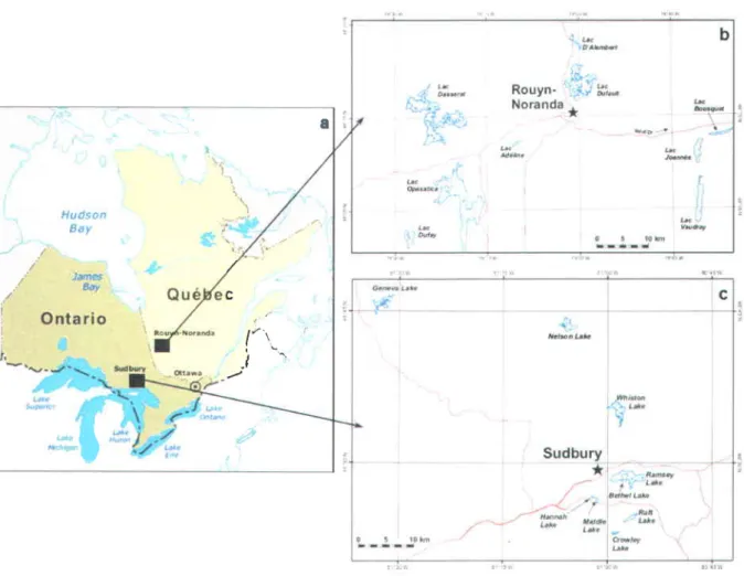 Figure  1.  Map of the two study  areas  showing  the relative  position  of the two regions  in eastern Canada  (panel  a),  the geographical  location  ofthe Rouyn-Noranda  lakes  (panel  b) and the Sudbury  lakes  (panel  c).