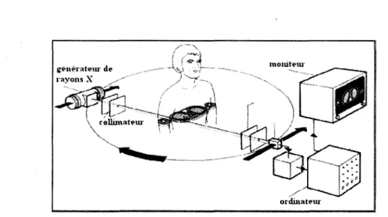 Figure  13. Faisceau de rayons X collimaté traversant un sujet et recueilli par un système de traitement  de données