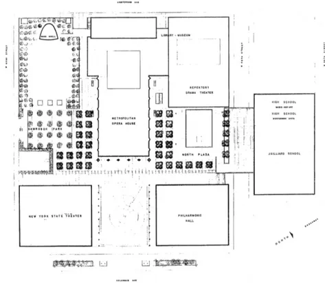 Figure 30 Plan du site et identification des bâtiments du Lincoln Center for the Performing Arts  (Source : Lincoln Center Archives, [s,d,]) 