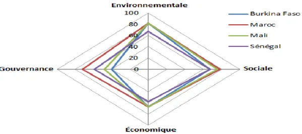 Figure 4.1  Performance des quatre projets agroécologiques selon les quatre sphères  analysées 