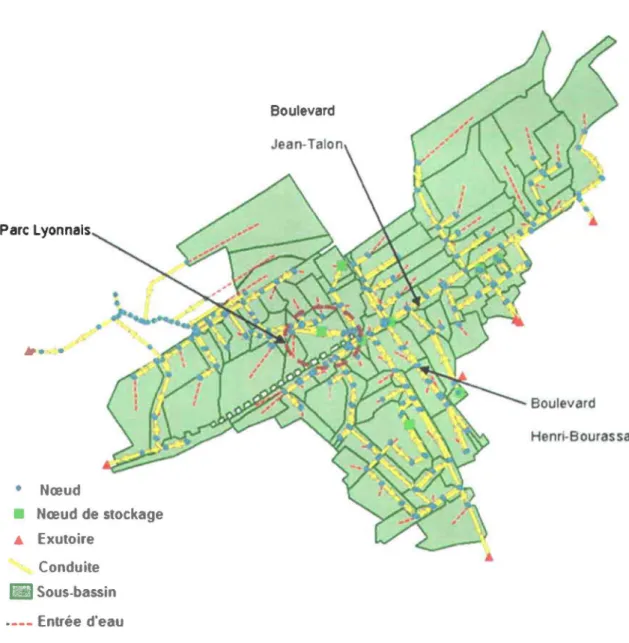 Figure 3.5 : Modélisation du réseau de drainage du collecteur de la  Savane par la Ville de Québec (dans  PCSWMM;  BÉDARD et  al., 2010)