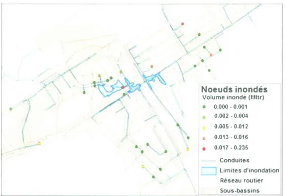 Figure 4.7: Comparaison  des  résultats  de  simulation  de  la  pluie  du  10 au  11  août 1998  avec  les  mesures  de  terrain - étendue d'inondation