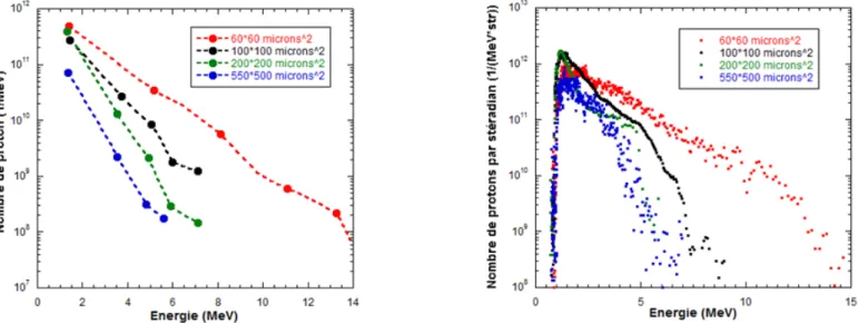 Figure 21 : Spectres des faisceaux de protons obtenus avec des cibles de dimensions latérales différentes et  mesurés avec des RCF (gauche) ainsi qu’avec un spectromètre magnétique (droite)
