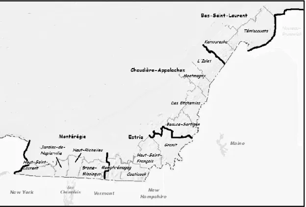 Figure 2.2 Carte des MRC frontalières du Québec 
