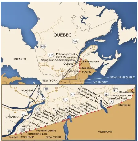 Figure 2.3 Carte des ports d’entrée frontaliers à la frontière Québec-États-Unis  