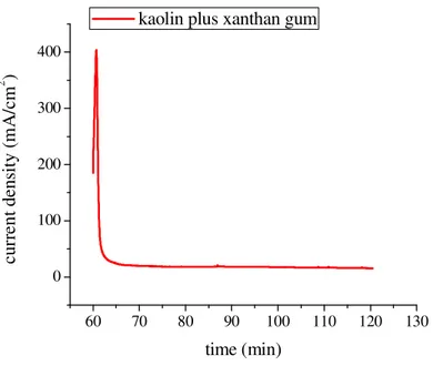 Figure  4.3  Variation  of  the  current  density  with  time  in  the  electrodewatering  of  kaolin  plus  xanthan gum sludge at 62% initial dryness and 77 kPa