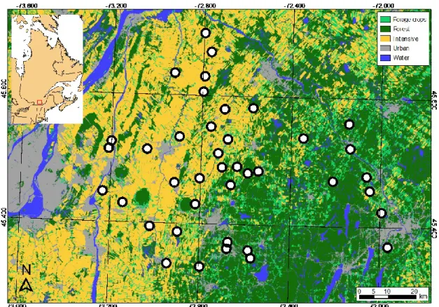 Figure 3.   Distribution  of  the  40  farms  in  southern  Québec,  Canada,  where  nest  box  preference  and  breeding  ecology  of  tree  swallows  were  monitored between 2009 and 2018 along a gradient of agricultural  intensification