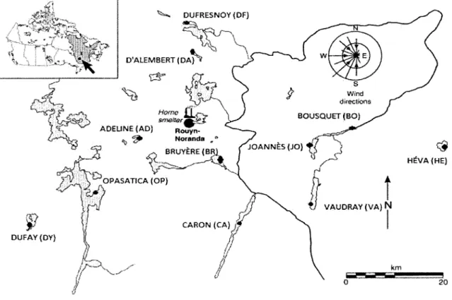 Figure 4.  Carte de la région de Rouyn-Noranda avec localisation des lacs et des sites (points noirs) pour  chacun des lacs échantillonnés avec leurs noms et les codes d'identification  à  2 lettres (tirée et modifiée  de Borgmann et aL,  2004)