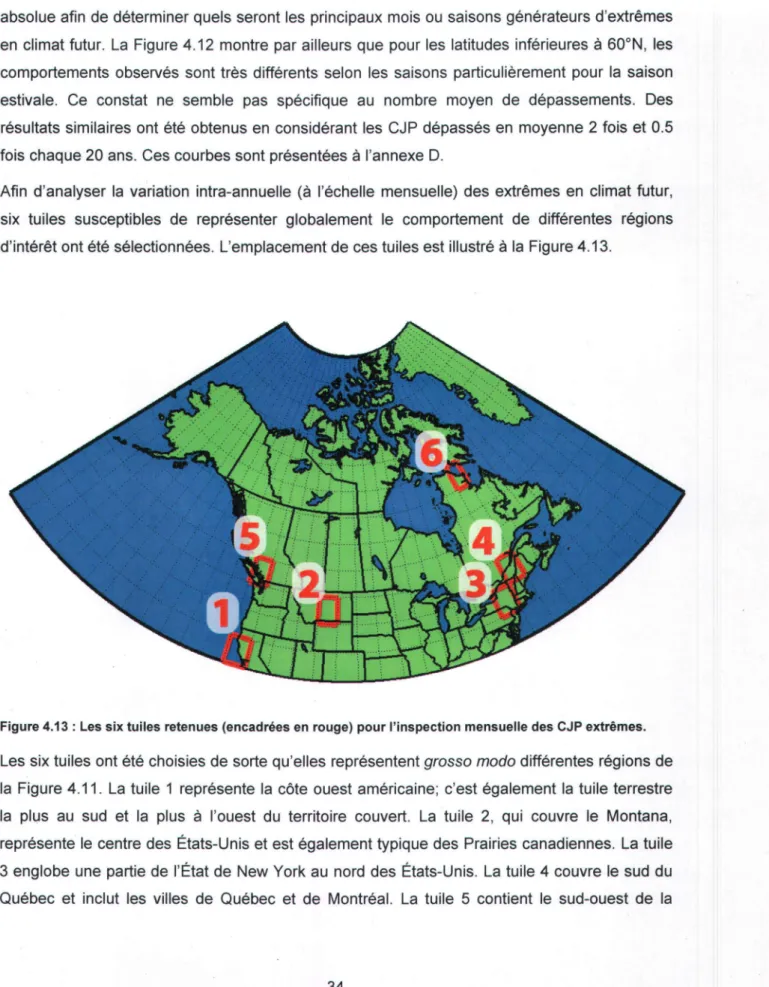 Figure 4.13: Les six tuiles retenues (encadrées en  rouge)  pour l'inspection mensuelle des CJP extrêmes