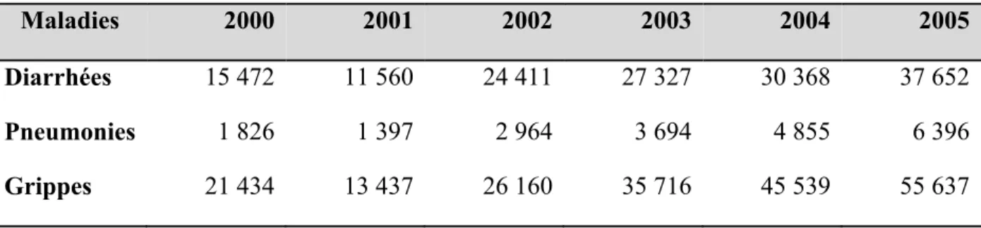 Tableau 4.3  Augmentation des cas de diarrhées, de pneumonies et de grippes dans la  province d’Entre Ríos entre 2000 et 2005