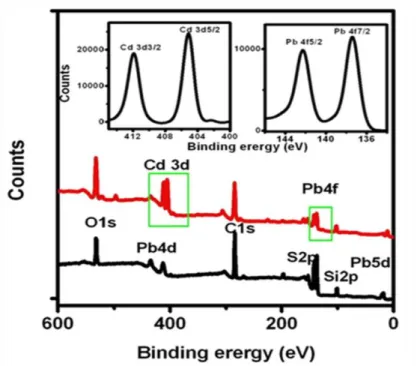 Figure 4.2 XPS spectra PbS (black line) and PbS/CdS QDs (red line). Insets: high resolution XPS spectra of  Pb 4f and Cd 3d in PbS/CdS QDs