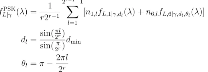 Table 1.1: La fonction de densit´ e de probabilit´ e de fiabilit´ e f L,k|γ,d l (λ) et f L,k|γ,d l ,θ l (λ) pour la transmission sur le canal AWGN
