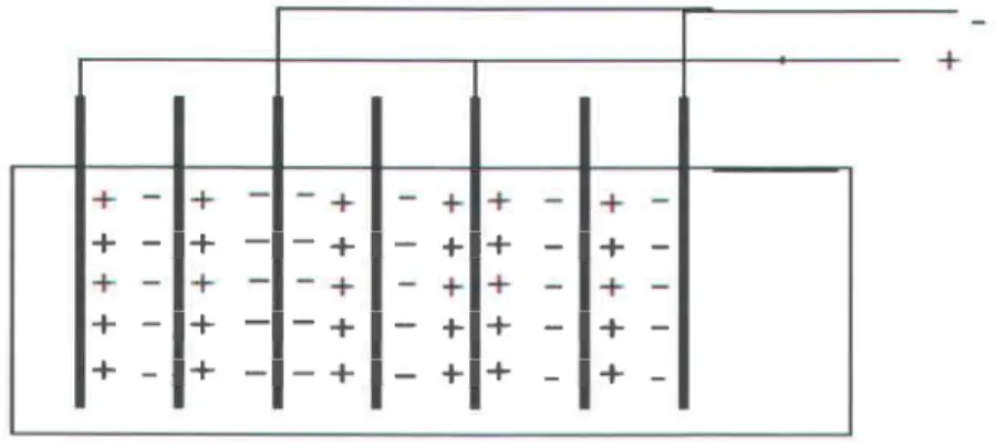 Figure 10 Configuration  MP  des électrodes de graphite et BP des électrodes de fer  ou aluminium  dans une cellule d'EC