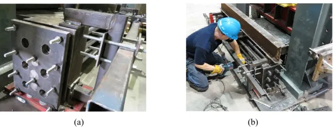 Figure 3.4. End fixation of the elements (a); Cutting out the elements to replace (b)    