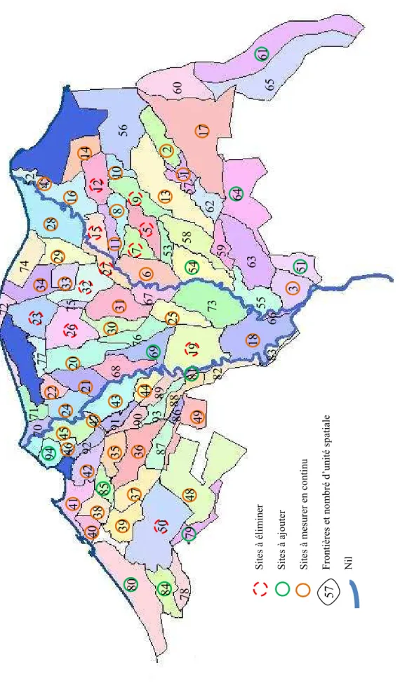 Figure 7. Les USs du delta du Nil, les sites à mesurer en continu, ceux à éliminer et à ajouter