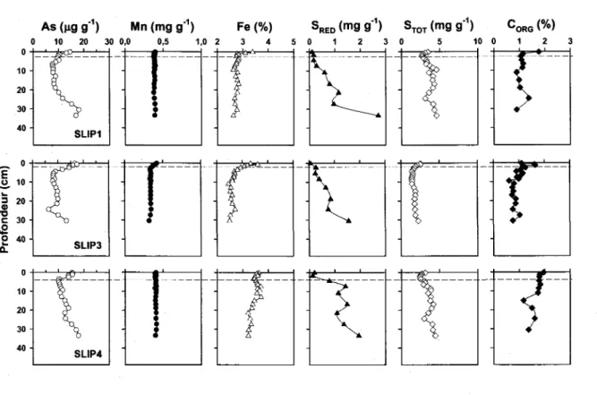 Figure  2.  Profils  verticaux  des  teneurs  en  As,  Mn,  Fe,  SRED,  STOT  et  CORG  dans  les  sédiments  des  stations  SLIPl, SLIP3  et SLIP4  dans  de  la mer de  Béring