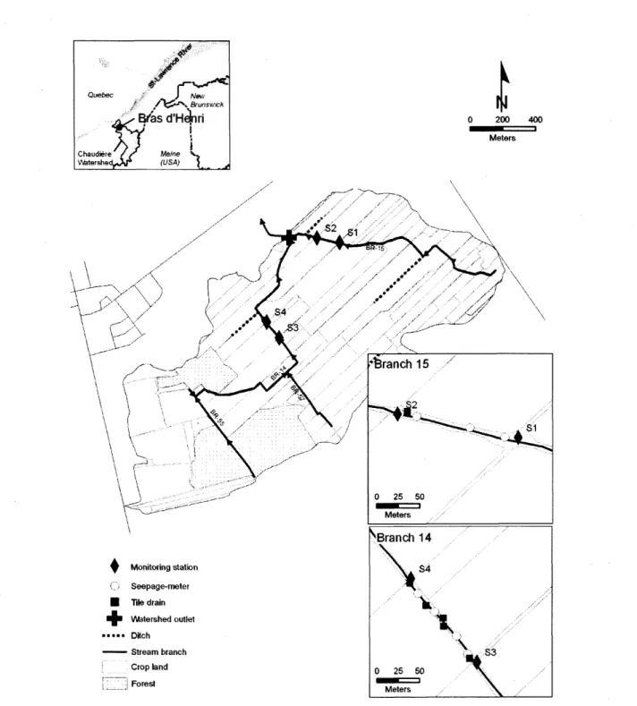 Figure  1.  Map  of the  micro-watershed  (2.4  km 2 )  location  identifying  sampling  stations  SI  to  S4  on  stream  branches  15  and  14