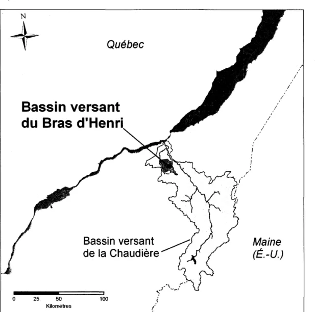Figure 2 :  Carte  de  la  région  d'étude  démontrant  l'emplacement  du  bassin  versant  du  Bras  d 'Henri dans le bassin versant de la rivière Chaudière