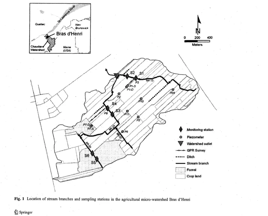 Fig.  1  Location  of stream  branches  and  sampling  stations  in  the  agricultural  micro-watershed  Bras  d'Henri 