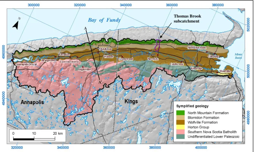 Figure 1.3.  Version simplifiée de la géologie du socle rocheux de la vallée d’Annapolis par Keppie (2000) (Rivard et al., 2007b)