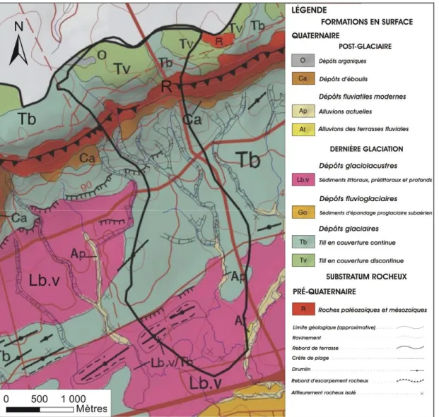 Figure 1.5.  Carte des dépôts de surface de la région du ruisseau Thomas (tirée de  Paradis et al., 2006)