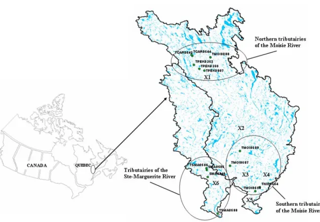 Figure 4-1  Location and map of the Moisie and Ste-Marguerite rivers drainage basins  with temperature monitoring stations grouped into three broad  geographical regions