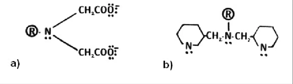 Figure  1.9  a) Groupement fonctionnel acide iminodiacétique. b) Groupement  fonctionnel Bis-picolylamine (®- symbolise la structure polymérique de la  résine)  