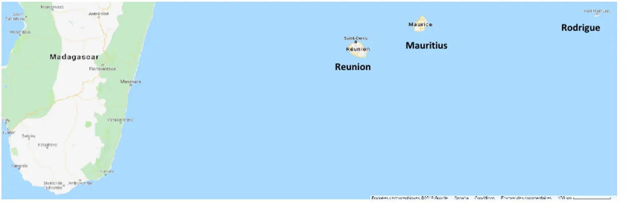 Figure  1.1  Location  of  Mauritius  island  and  the  Mascarene  archipelago  in  the  Indian  Ocean  (taken            from: Google Maps, 2019, 15 th  of April)