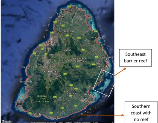 Figure 1.2 Coral reef around Mauritius island (taken from: Google Maps, 2019, 22 nd  of April) 