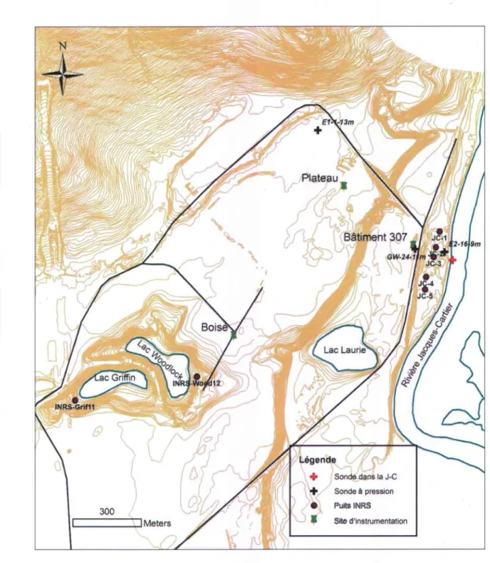 Figure 2.2 : Localisation  des sites d'instrumentation,  des sondes  à pression  et des puits forés par I'INRS