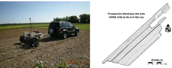 Figure 10 :  Illustration de la procédure de mesure de la conductivité électrique apparente des  sols avec l’appareil VERIS 3100 jumelée à un DGPS