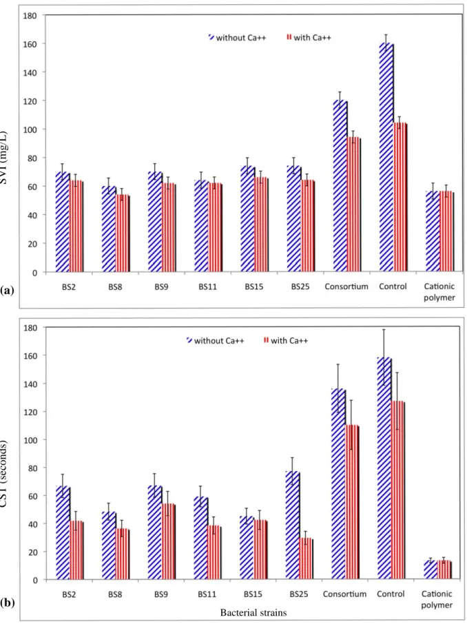 Figure 5: Sludge settling and dewatering efficiency of slime EPS [10 % V/V - (0.23, 0.30, 0.24,  0.25,  0.21  0.32  and  0.24  g/L)]  of  bacterial  strains  BS2,  BS8,  BS9,  BS11,  BS15,  BS25  and  consortium,  respectively  with  and  without  cations