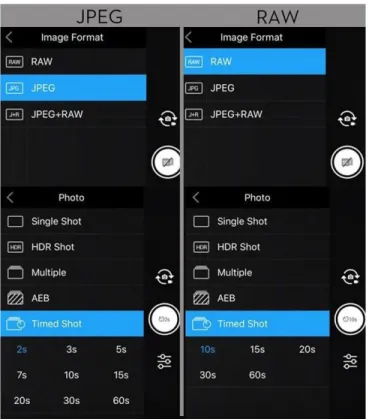 Figure 17 - Choix du format photographique sur DJI GO  (source  : DJI Forum, 2017 ) Lorsque l’on sélectionne l’option JPEG, le microprocesseur de la caméra effectue  automatique-ment une série de réglages automatiques et convertit directeautomatique-ment l