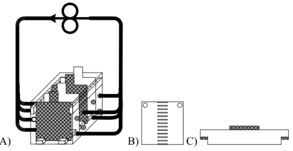 Figure 21  Réacteur avec couvercle et pompe péristaltique. A) Schéma du réacteur agité