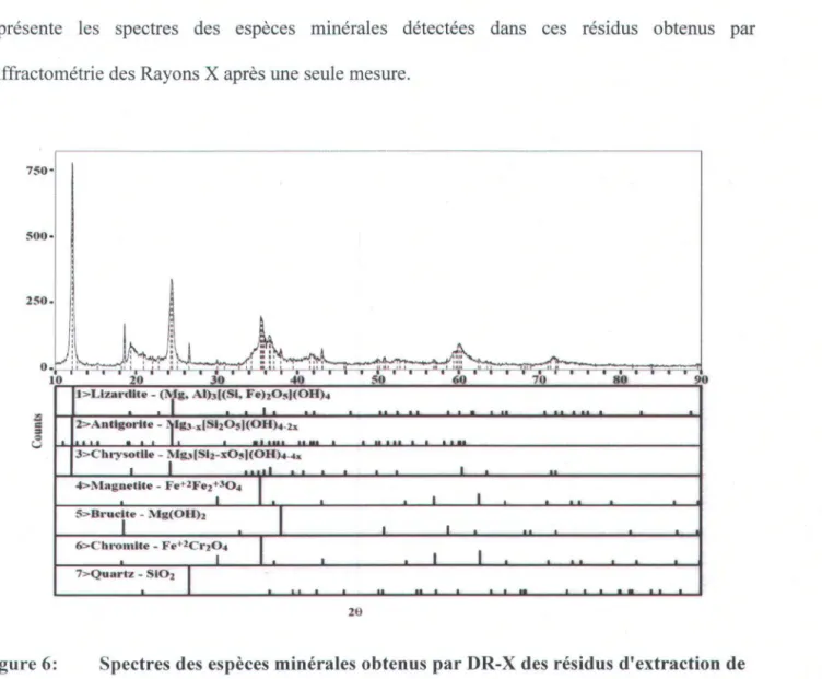 Figure 6:  Spectres des espèces minérales obtenus par DR-X des  résidus d'extraction de  chrysotile 