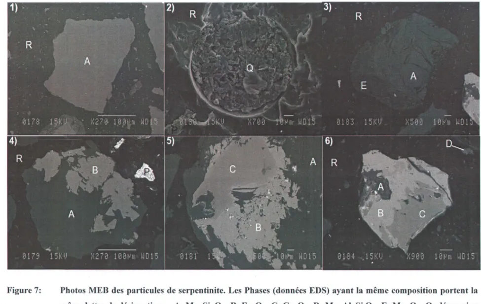 Figure 7:  Photos MEB  des  particules de serpentinite. Les Phases (données EDS)  ayant la  même composition  portent la  même lettre de désignation: - A:  Mg, Si, 0  - B:  Fe, 0  - C: Cr, 0  - D:  Mg, Al, Si 0  - E: Mg, 0  - Q: dépression  riche en Si et 